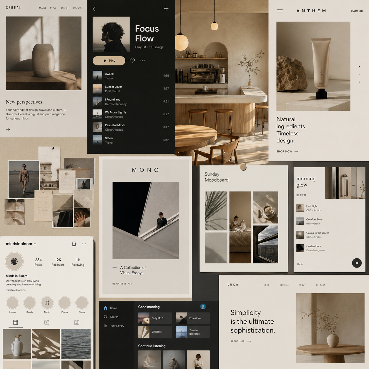 Collage editorial de feeds, playlists, moodboards e interfaces minimalistas que ilustran la estética filtrada por algoritmos