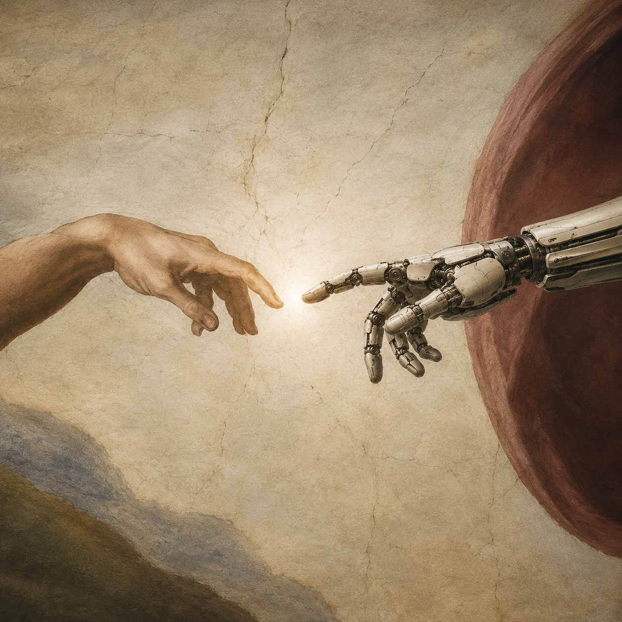 Manos humana y robótica casi tocándose, estética renacentista-futurista