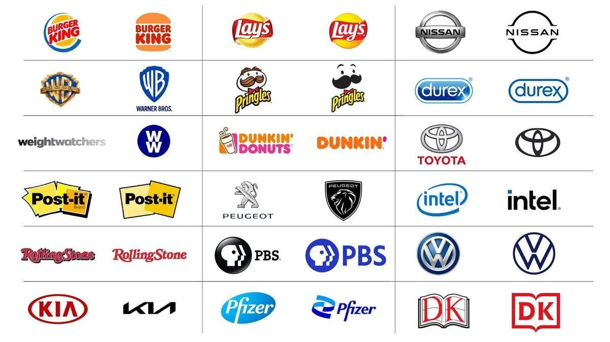 Rebrandings recientes: Burger King, Lay's, Nissan, Warner Bros, Pringles, Durex, Weight Watchers, Dunkin', Toyota, Post-it, Peugeot, Intel, Rolling Stone, PBS, VW, Kia, Pfizer, DK