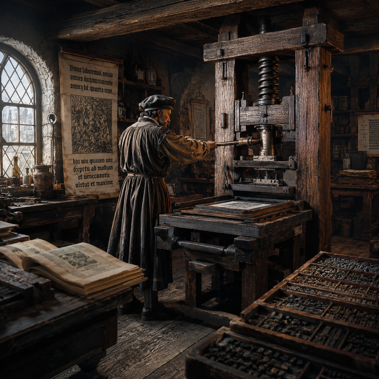 Imprenta de Gutenberg: tipógrafo operando una prensa de madera del siglo XV con tipos móviles y un cartel impreso