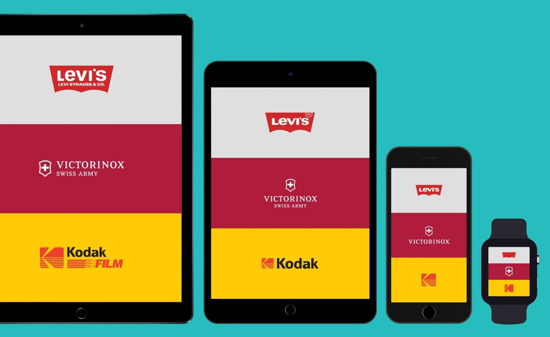 Logos responsivos de Levi's, Victorinox y Kodak adaptándose a tablet, móvil y smartwatch