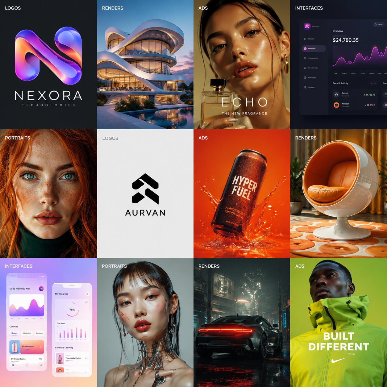 Grilla editorial de outputs generados con IA: logos, renders arquitectónicos, ads, interfaces y retratos